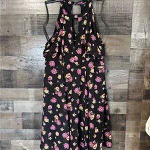 Torrid Black Floral Key Hole Open Shoulder Dress with Pink & Yellow Roses sz 12